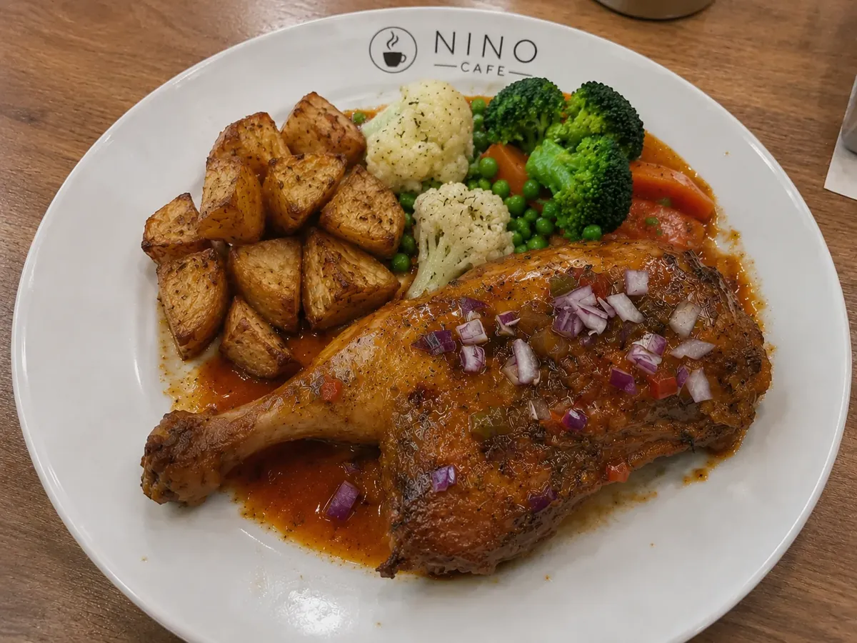 Quarter roast chicken with gravy, roast potatoes and mixed vegetables